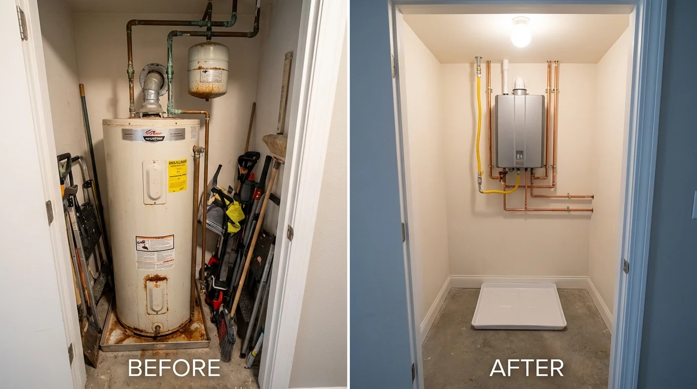 Tank water heater versus wall-mounted tankless unit comparison for Riverside, MO homeowners