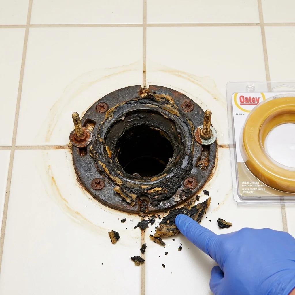 Failed wax ring showing water seepage at the base of a toilet in a Riverside, MO home